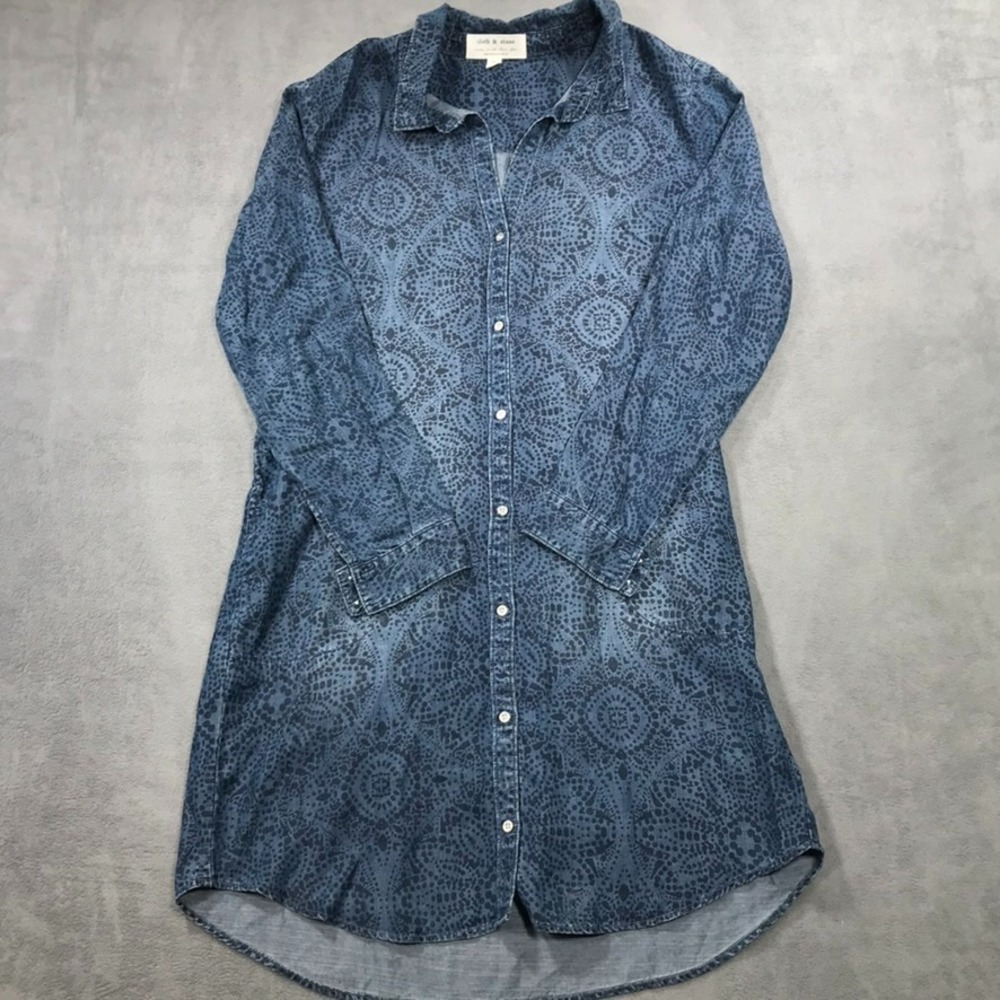 Cloth & Stone Anthropologie Shirt Dress Womens L Blue Chambray Tencel Button Up